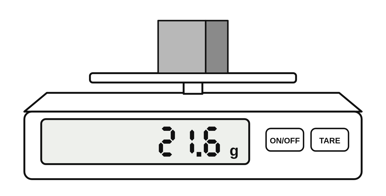 A metal cube on a digital balance showing 21.6 g
