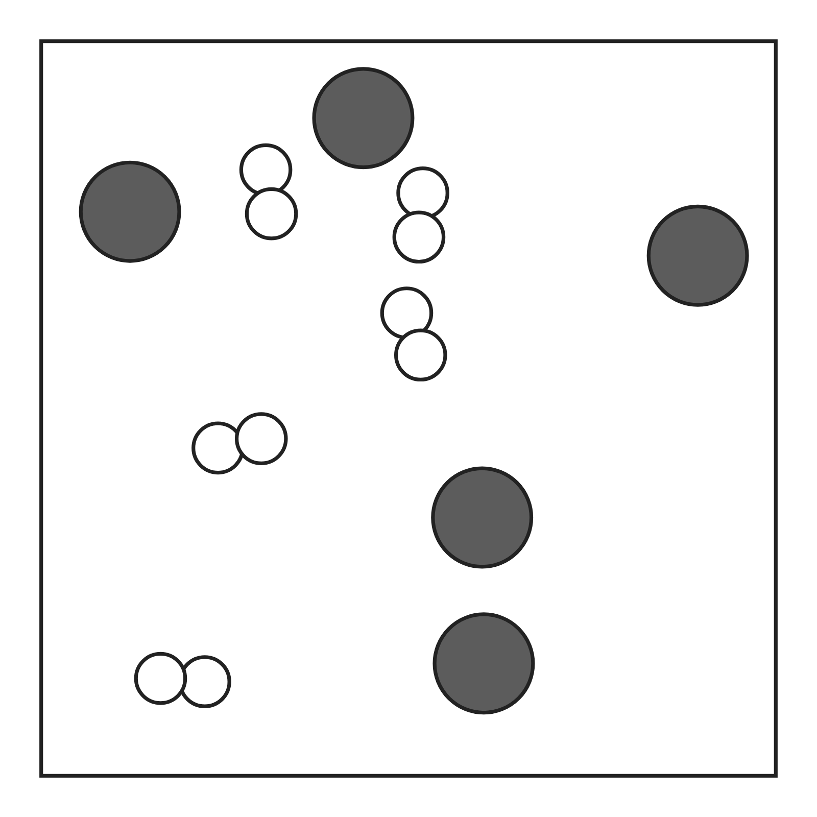 A box of scattered particles: single large dark gray atoms mixed with pairs of small white atoms joined as diatomic molecules